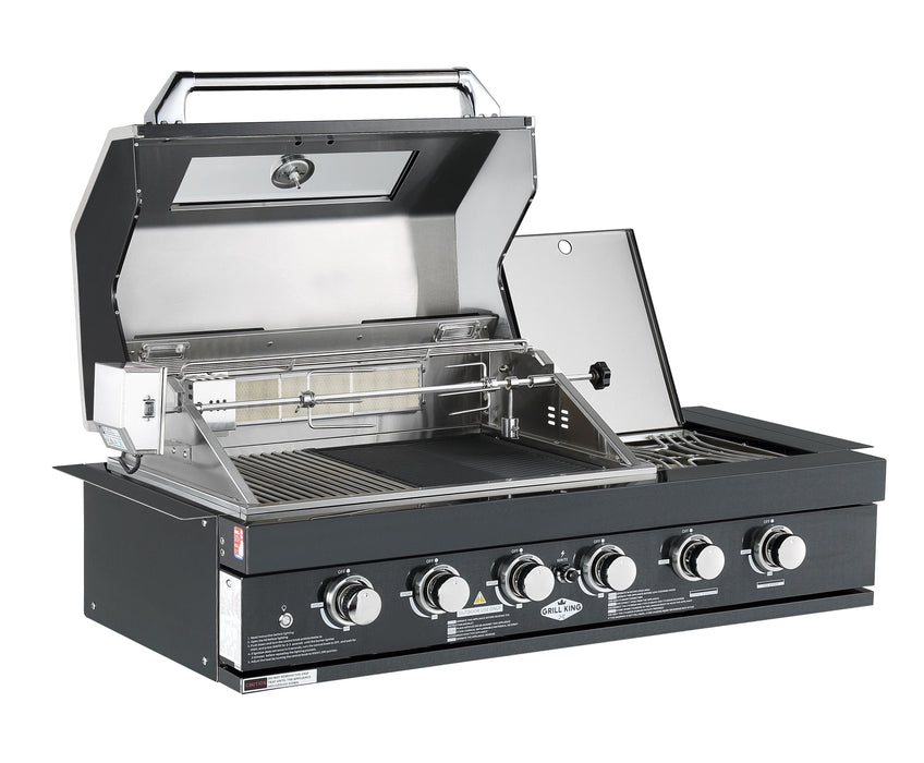 4-Burner + Wok Built-In BBQ with Infrared Rotisserie | Black Stainless Steel, LED Control Knobs