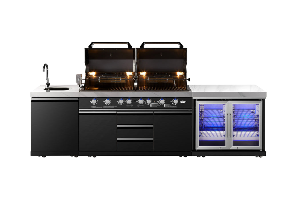 Element Twin Hood 8-Burner Outdoor BBQ Kitchen | High Grade 304 SS + White Stone