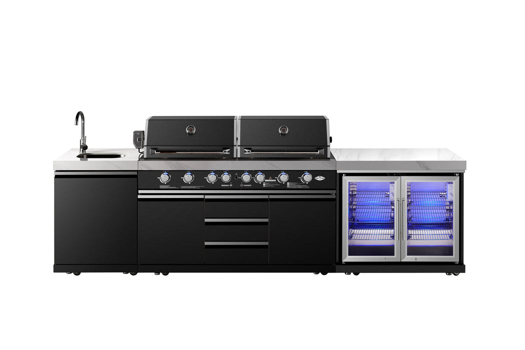 Element Twin Hood 8-Burner Outdoor BBQ Kitchen | High Grade 304 SS + White Stone