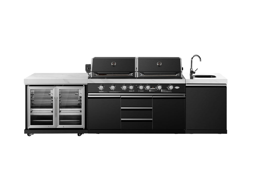 Element Twin Hood 8-Burner Outdoor BBQ Kitchen with Kegerator | Graphite Stainless Steel, Stone Bench, Fridge, Sink, Rotisserie & Cover