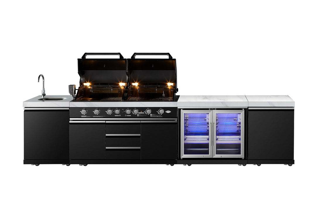 Element Twin Hood 8-Burner Outdoor BBQ Kitchen | High Grade 304 SS + White Stone