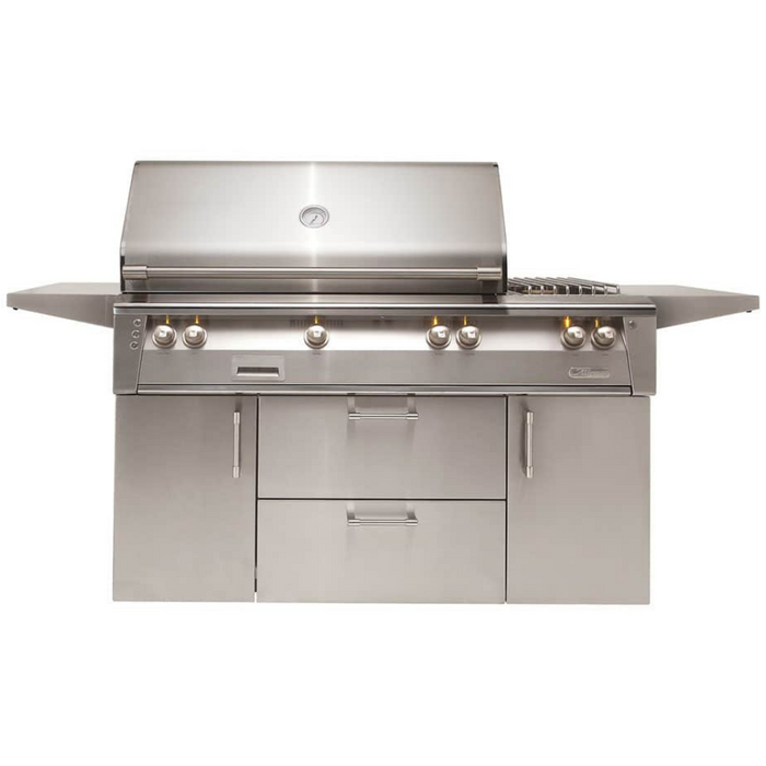 Alfresco ALXE 56-Inch Freestanding Gas Grill with Sear Zone Burner, Rotisserie, and Side Burner