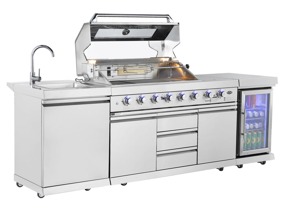 Hurricane 6-Burner Outdoor BBQ Kitchen with Kegerator | Stainless Steel, Fridge, Sink, Rotisserie & Cover