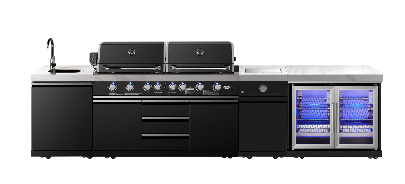 Element Twin Hood 8-Burner Outdoor BBQ Kitchen | High Grade 304 SS + White Stone