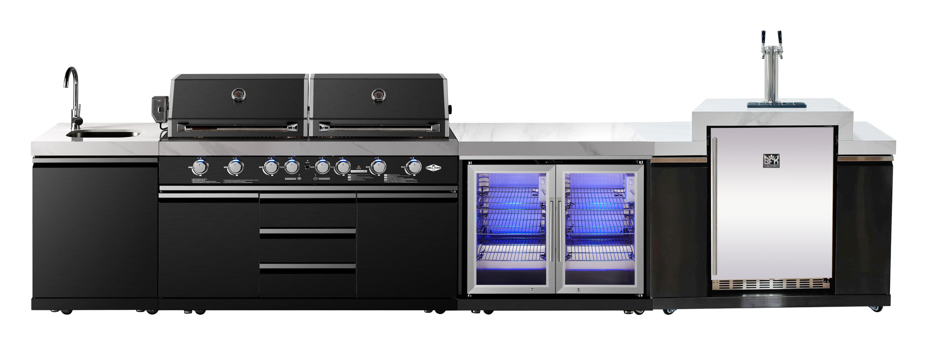 Element Twin Hood 8-Burner Outdoor BBQ Kitchen with Kegerator | Graphite Stainless Steel, Stone Bench, Fridge, Sink, Rotisserie & Cover