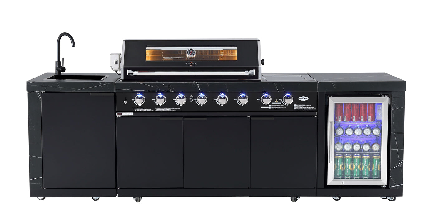 Black 6-Burner Outdoor Kitchen BBQ Package with 23" Kamado Smoker | Wok Burner, Fridge, Sink, Rotisserie & Covers