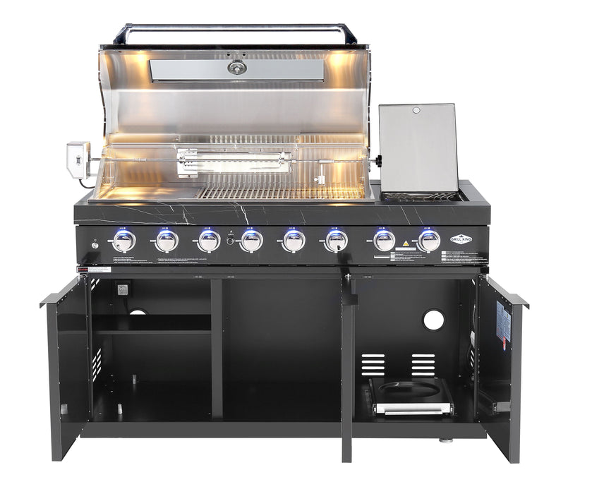 Black 6-Burner Outdoor Kitchen BBQ Package with 23" Kamado Smoker | Wok Burner, Fridge, Sink, Rotisserie & Covers