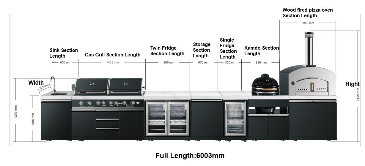 Element Twin Hood 8-Burner Outdoor BBQ Kitchen with Kegerator | Graphite Stainless Steel, Stone Bench, Fridge, Sink, Rotisserie & Cover